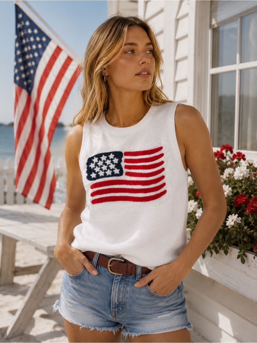 NWOT Women’s XS | Aaeda | Red White Blue Felt Flag Patriotic Sleeveless Knit Top
